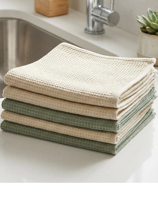 Kovev Waffle Cotton Dish Cloths Set of 6 30 x 30 cm Oat and Sage - Lifestyle view